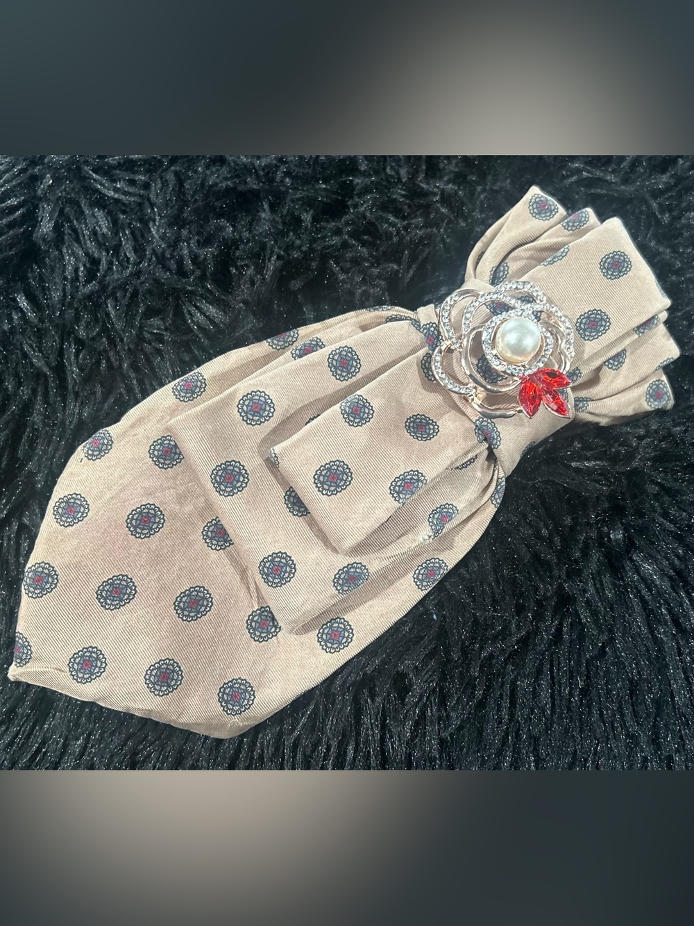 Beige Printed Brooch tie Accessory with Bling and Pearl Flower Accent